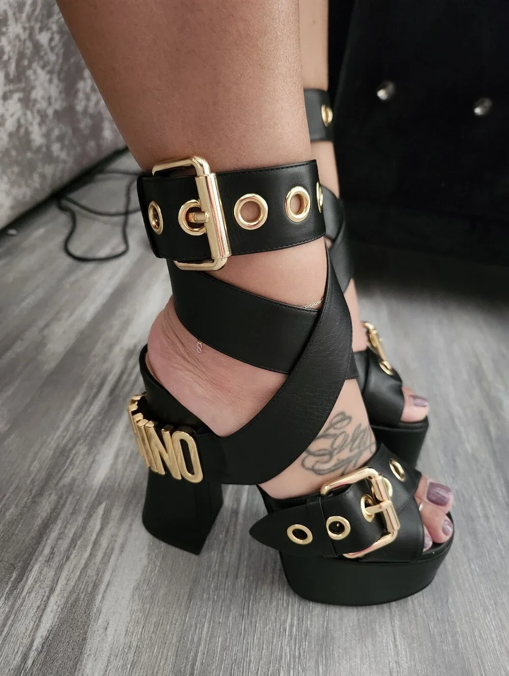 Moschino Black Platform Sandals with Gold Hardware